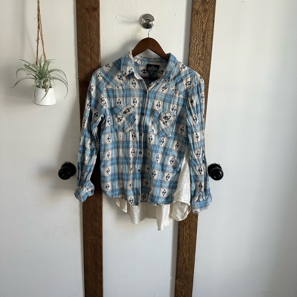 VTG 90s Angie Women S Southwestern Button Up Top Lace Peplum Blue Plaid Boho - Picture 2 of 15